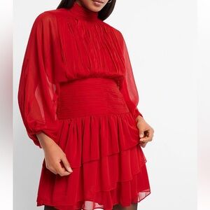 COPY - Express  6women Mock neck long sleeve pleated waist tiered ruffle mini N…